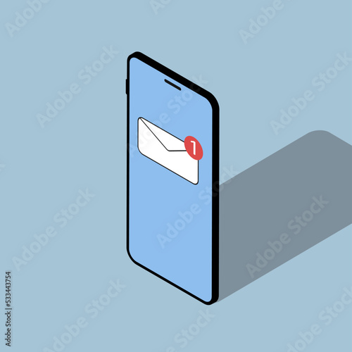 Isometric phone. 3D smartphone. Smartphone. Message on screen. New message notification. Illustration on blue background. 