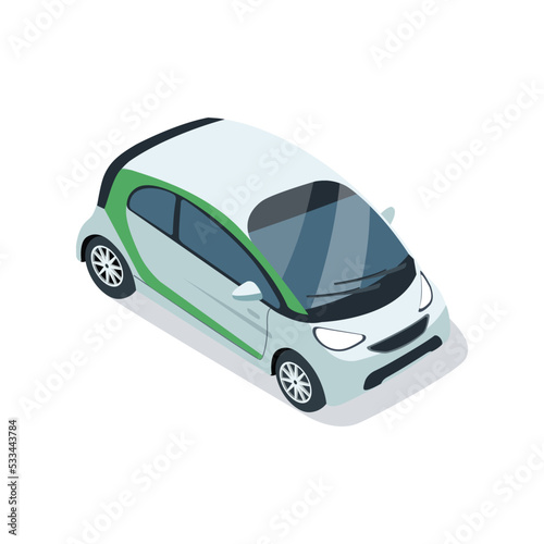 Small city car isometric 3D element. Motor transportation icon, urban and countryside traffic icon vector illustration.