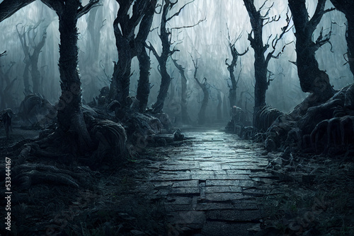 spooky pathway to abandoned land fantasy surreal 3d illustration
