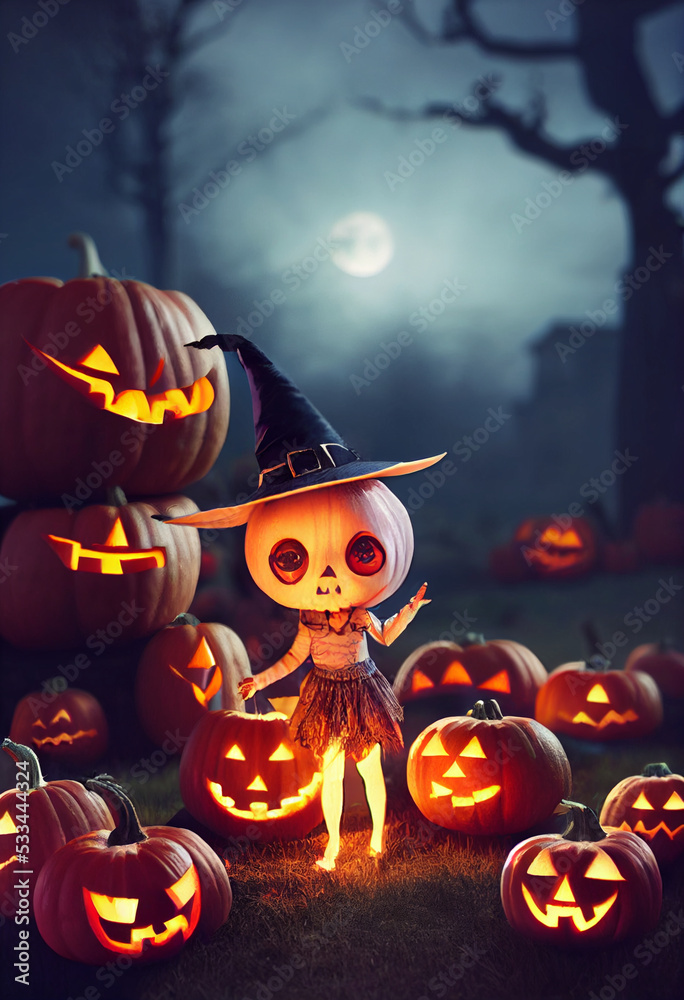 cute little jack o' lantern witch with other pumpkin. 3d illustration cute little jack o' lantern witch with other pumpkin. 3d illustration