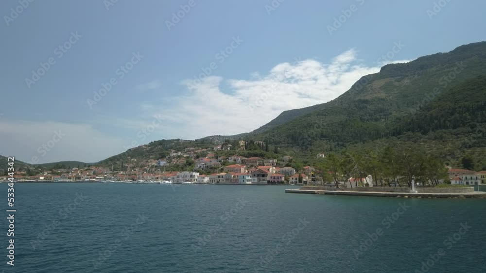 The steep coastline of Ithaca in Greece, Approaching Vathy, the capital The steep coastline of Ithaca in Greece, Approaching Vathy, the capital