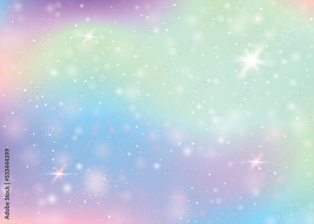 Fairy background with rainbow mesh. Trendy universe banner in princess colors. Fantasy gradient backdrop with hologram. Holographic fairy background with magic sparkles, stars and blurs. Fairy background with rainbow mesh. Trendy universe banner in princess colors. Fantasy gradient backdrop with hologram. Holographic fairy background with magic sparkles, stars and blurs.