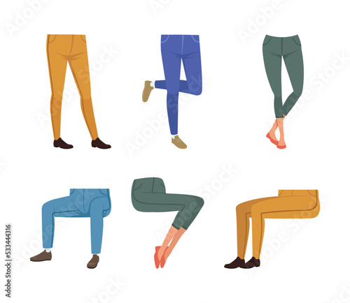 Different views of male and female legs in jeans, pants and shoes. Body parts for character creation, constructor for animation cartoon vector illustration