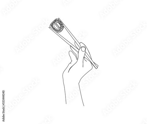 Continuous one line drawing of Hand Holding Sushi Roll. Hand with chopsticks holds sushi roll line art drawing vector illustration.