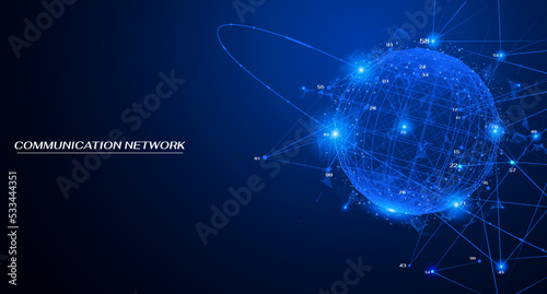 Abstract digital global data network communication technology concept vector. Futuristic low poly sphere on blue background.