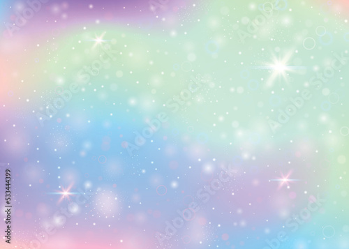 Fairy background with rainbow mesh. Trendy universe banner in princess colors. Fantasy gradient backdrop with hologram. Holographic fairy background with magic sparkles, stars and blurs.