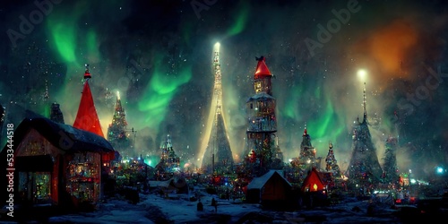 Winter city christmas northern lights with buildings