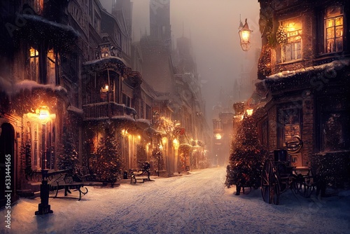 Snowy street with Christmas trees and lights.