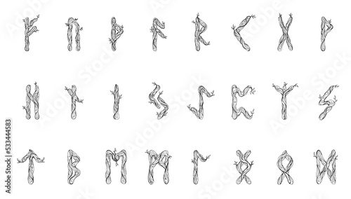 Runes SET WOODEN. Doodle style. A magical amulets. Elder Futhark. The alphabet is Nordic and Northern. Viking letters. Magic tattoo.
