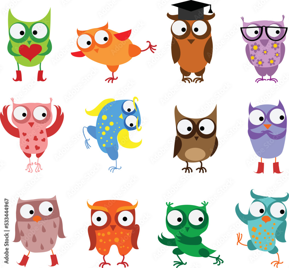 Obraz premium Vector illustrations set of cute different owl birds in the simple style