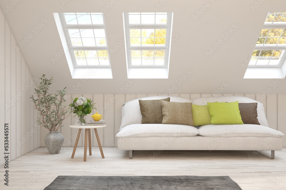 Fototapeta premium White living room with sofa. Scandinavian interior design. 3D illustration