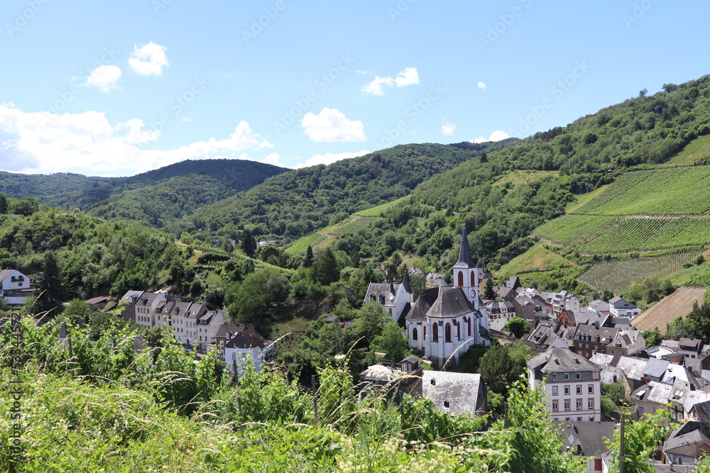 Old German town in the Mosel valley surrounded bij green forests and vineyards
