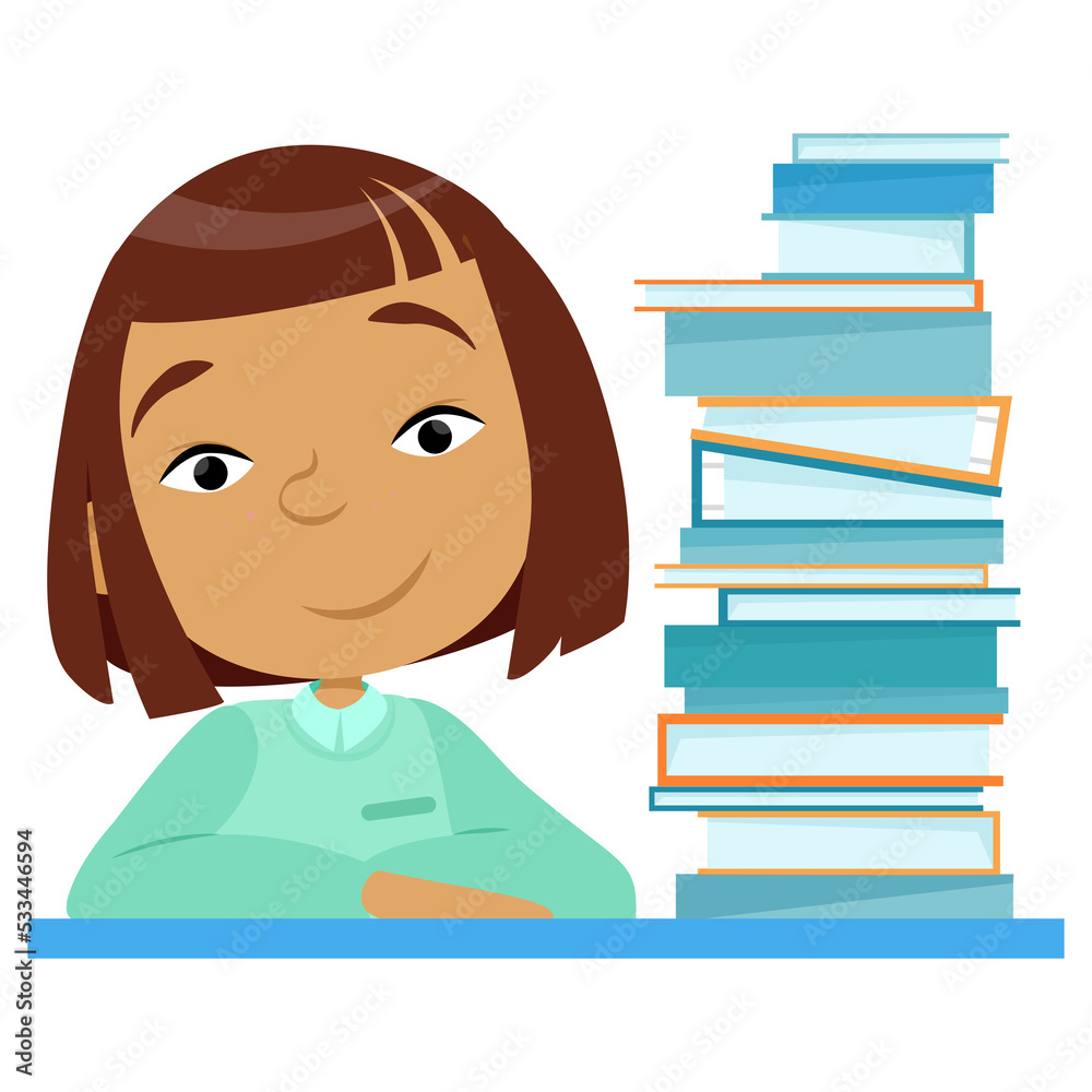 Asian girl studying and next to stack of books Asian girl studying and next to stack of books