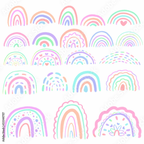 Set Rainbow line Rainbow, signs and symbols, Hand drawn in doodle style.