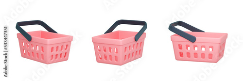 Collection of 3d realistic plastic shopping cart. 3D render illustration