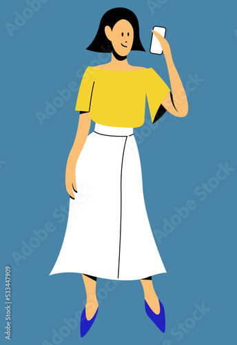vector trendy flat design image beautiful girl in white long skirt, yellow t-shirt in blue shoes stands with a phone in her hand. useful for web, graphic design, print, clothing stores, cards, posters