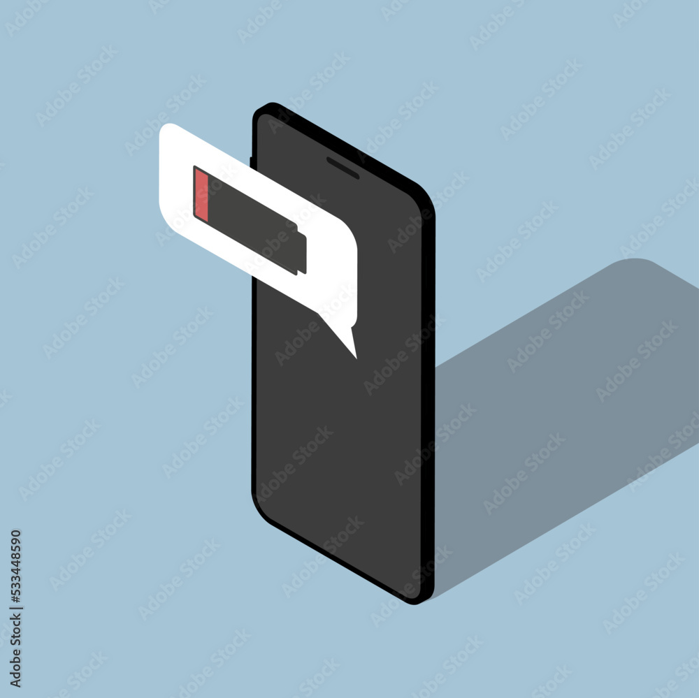 Isometric phone. 3D smartphone. Smartphone. The battery is empty. Low battery. Blue background. Colored illustration Isometric phone. 3D smartphone. Smartphone. The battery is empty. Low battery. Blue background. Colored illustration