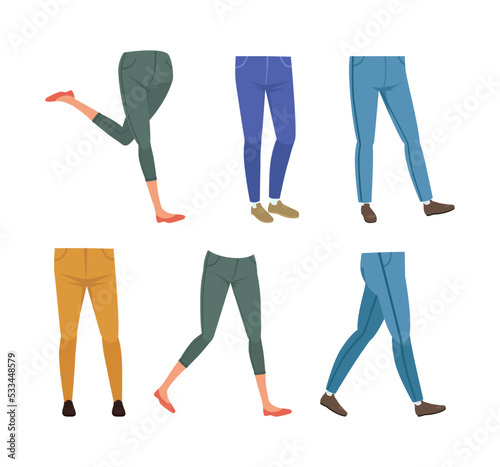 Fototapeta Naklejka Na Ścianę i Meble -  Different views of male and female legs in jeans and pants set. Body parts for character creation, constructor for animation cartoon vector illustration