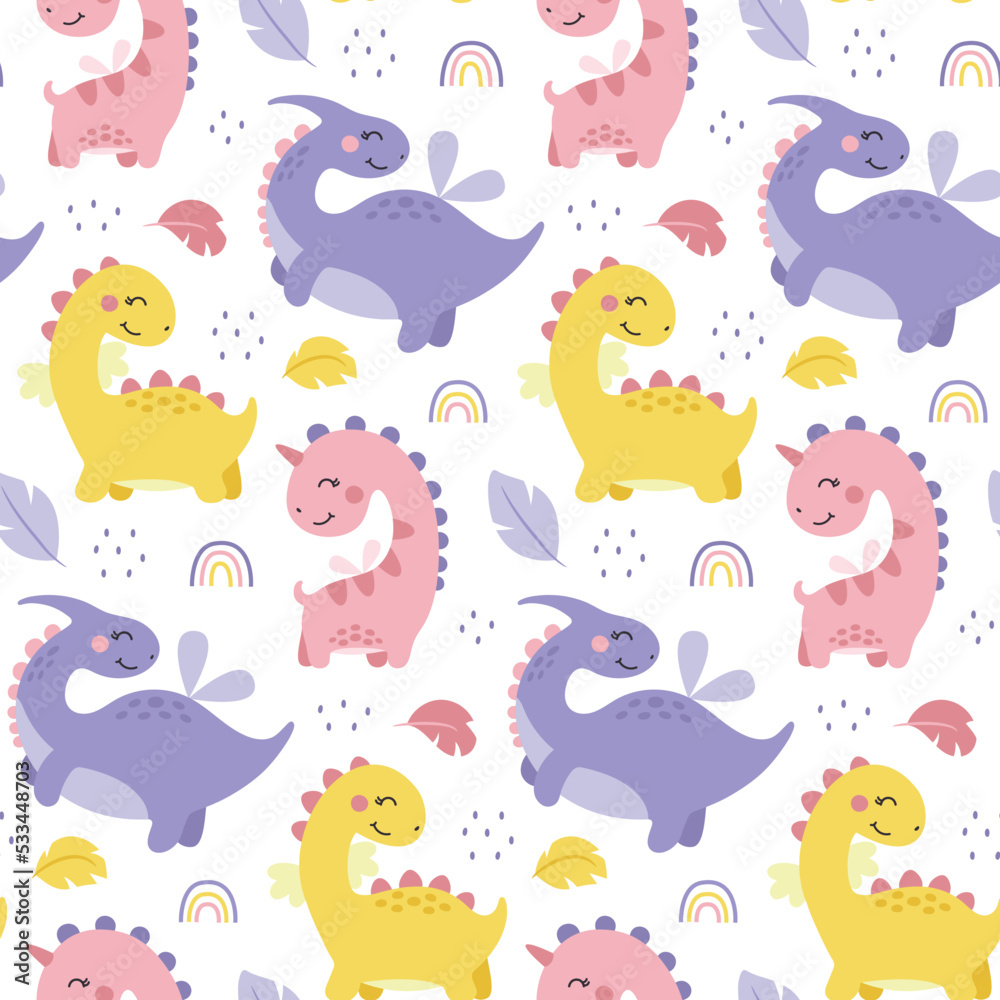 Cute Dino vector seamless pattern with Dinosaur Girls, plants, leaves, bushes, stones