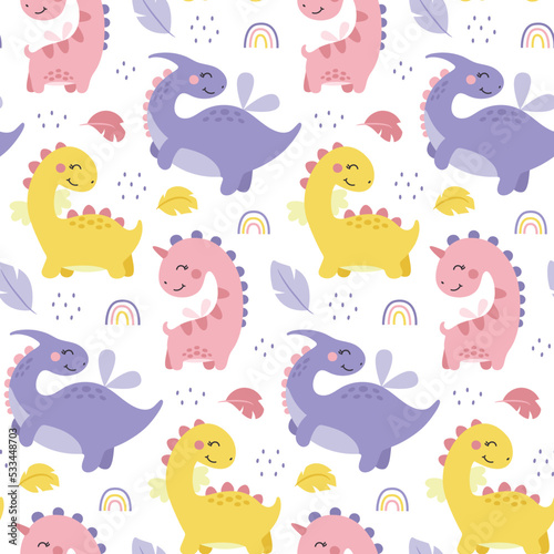 Cute Dino vector seamless pattern with Dinosaur Girls  plants  leaves  bushes  stones