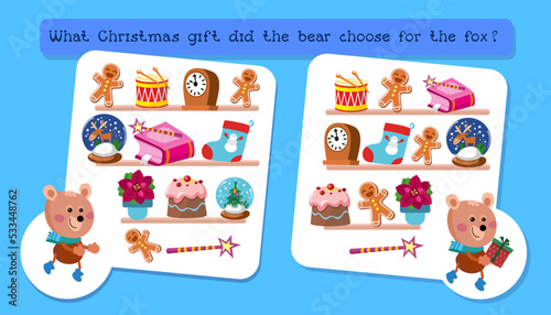 Educational game for children at Christmas. Find the differences. Activities for children. Vector illustration.