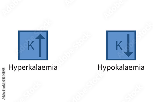 Hyperkalaemia and Hypokalaemia – Potassium K excess and deficit electrolyte disorder, blue arrow icon vector illustration photo