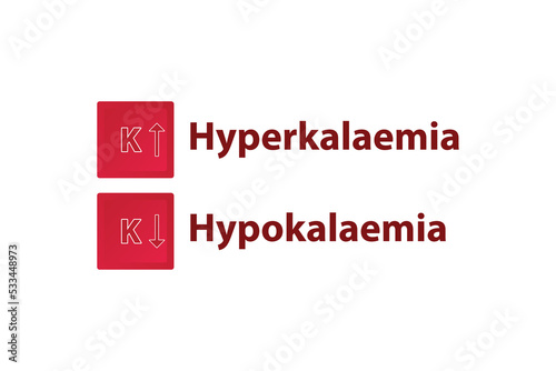 Hyperkalaemia and Hypokalaemia – Potassium K excess and deficit electrolyte disorder, red and white arrow icon vector illustration