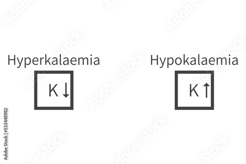 Hyperkalaemia and Hypokalaemia – Potassium K excess and deficit electrolyte disorder, grey frame icon vector illustration