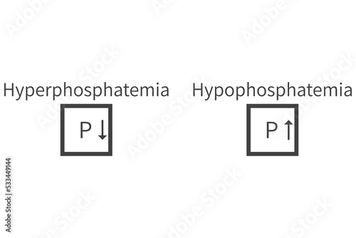 Hyperphosphatemia and Hypophosphatemia – Phosphorus P excess and deficit electrolyte disorder, grey frame icon vector illustration