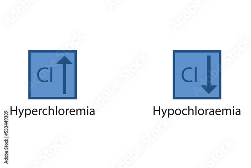 Hyperchloremia and Hypochloraemia – Chlorine Cl excess and deficit electrolyte disorder, blue arrow icon vector illustration
