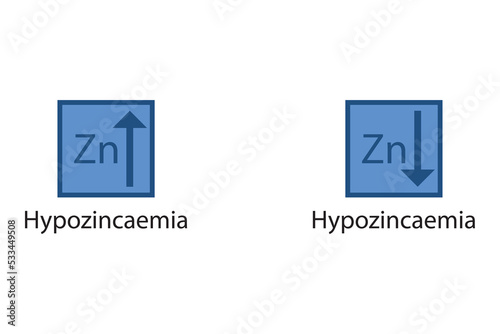 Hypozincaemia and Hypozincaemia – Zinc Zn excess and deficit electrolyte disorder, blue arrow icon vector illustration