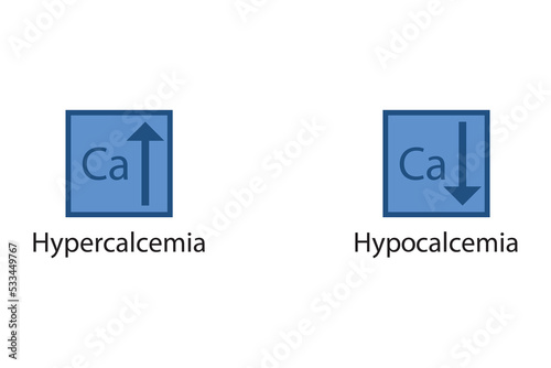 Hypercalcemia and Hypercalcemia – Calcium Ca excess and deficit electrolyte disorder, blue arrow icon vector illustration