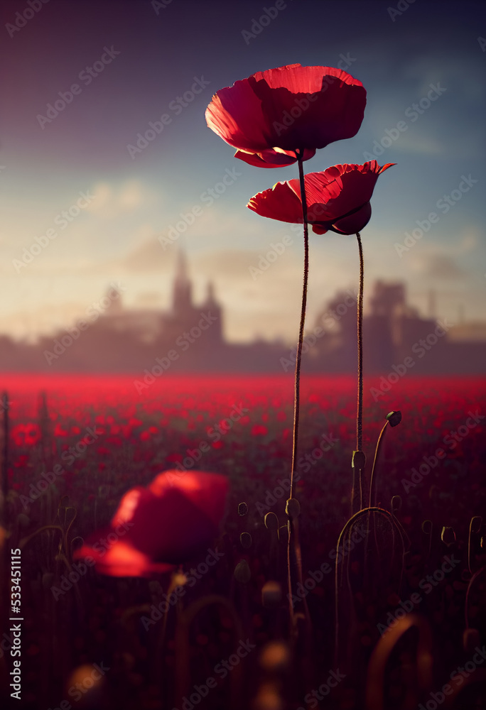 Obraz premium Greeting card for Remembrance Day with field of poppies, sky and blurred city in the background, copyright space, vertical 3D illustration