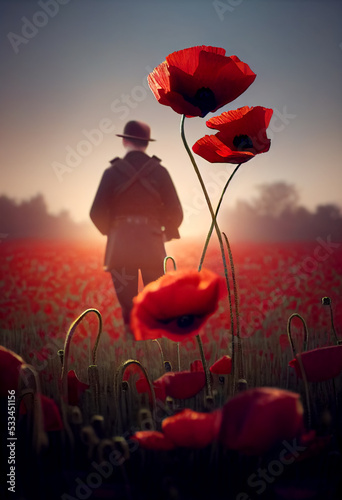 Greeting card for Remembrance Day with field of poppies, sky and silhouette of a soldier, copyright space, vertical 3D illustration