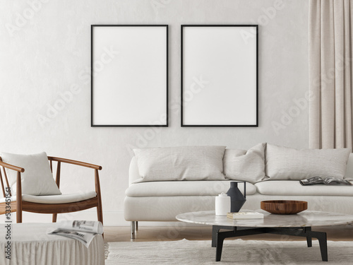 Blank posters in white living room, comfortable furniture, white background. 