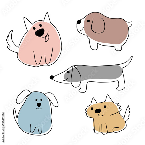 Set of cute dogs in doodle style. Black outline and blobs. Funny doggies isolated on white background. Vector illustration 