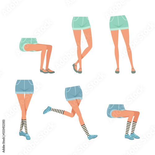 Legs in denim shorts posing in different positions set. Teenage body parts constructor for animation cartoon vector illustration