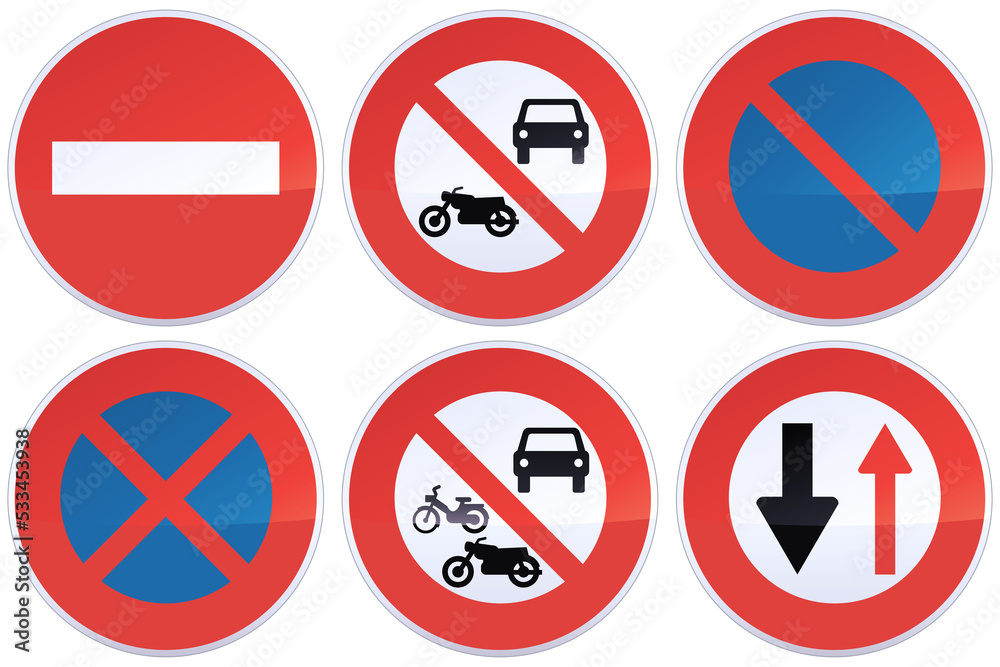 Collection of circular red, black and white road prohibition signs with the prohibition to stop, to park, the prohibition to motorized vehicles as well as a prohibited direction and non-priority traff Collection of circular red, black and white road prohibition signs with the prohibition to stop, to park, the prohibition to motorized vehicles as well as a prohibited direction and non-priority traff