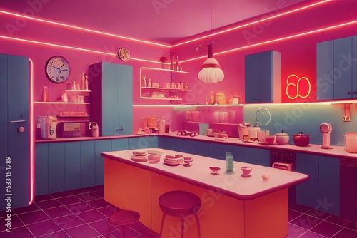 neon lit modern kitchen 3d illustration © Kait