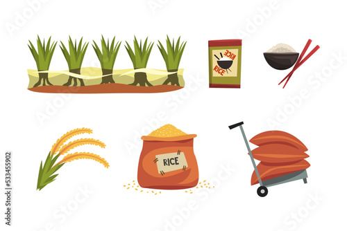 Rice production set. Green field, sack and plate of rice cartoon vector illustration