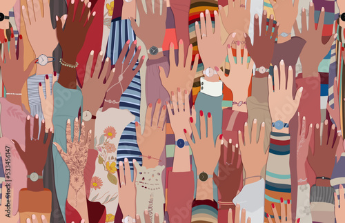 Seamless pattern background with group of raised hands of women of diverse culture. Anti-racism racial equality concept. Allyship and sisterhood. Feminism. Women s community.Women s day