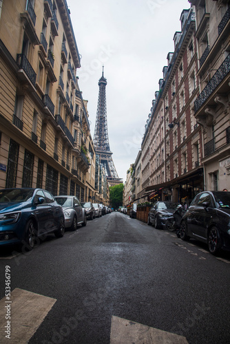 Looking down a Street towards the Eiffel Tower