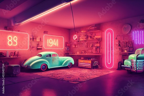 interior design garage with neon lights
