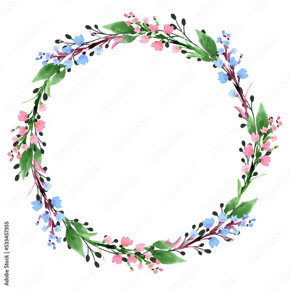 Obraz premium Watercolor greenery branches frame. Floral wreath template on white background.