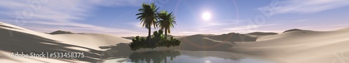 Oasis at sunset in a sandy desert, a panorama of the desert with palm trees, 3d rendering