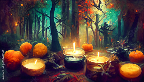 Mysterious forest for Halloween with candles