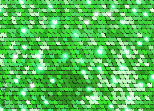 Green sequins disco background, glitters, sparkles, paillettes. Disco party with shiny sequined scales, dots. Metallic wall texture.