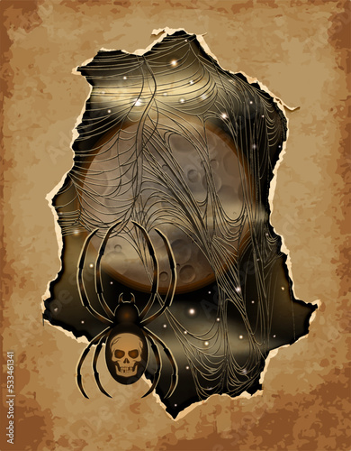 Happy Halloween invitation card, full moon and spider, vector illustration	