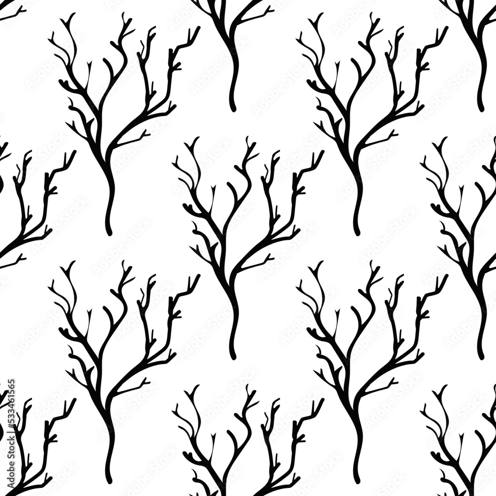 Seamless pattern with illustration of a black tree trunk on a white background