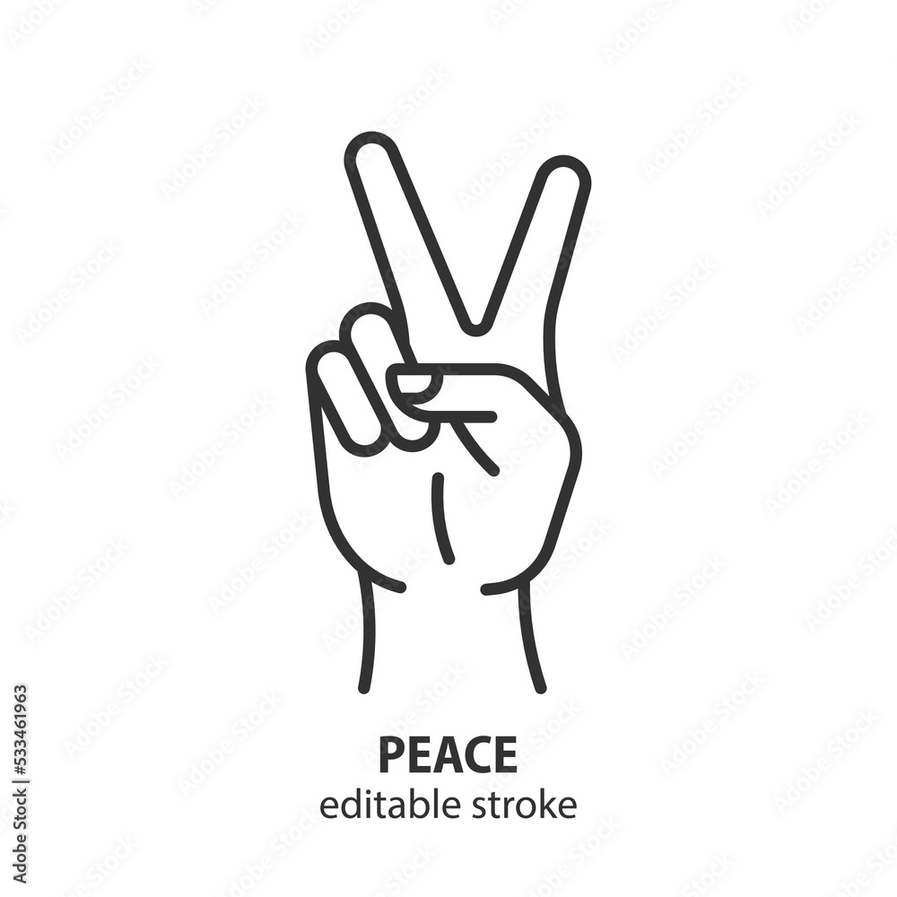 Hand gesture V line icon. Victory or peace vector symbol. No war sign. Editable stroke. Hand gesture V line icon. Victory or peace vector symbol. No war sign. Editable stroke.